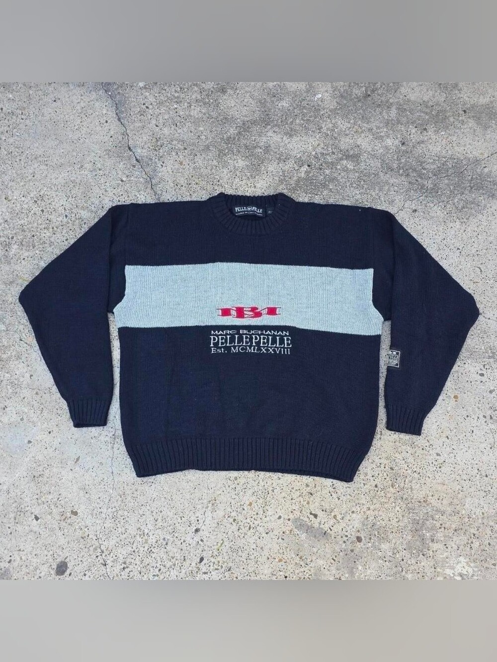 Vintage Pelle Pelle Marc Buchanan Knit Sweater 90s Y2K Embroidered Wool Blend XL - Picture 1 of 8